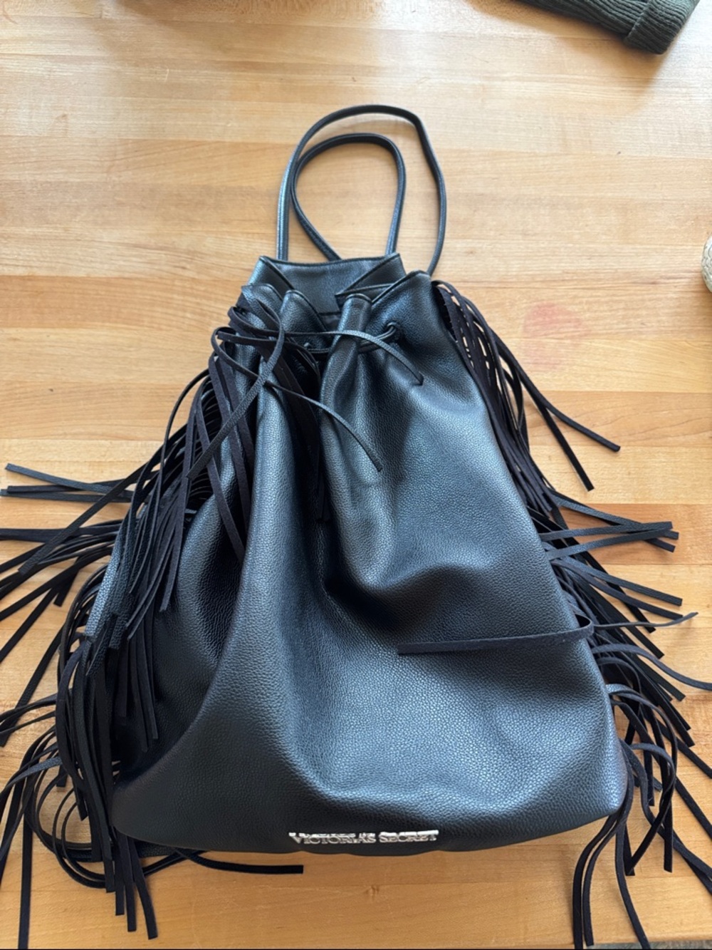 Victoria's Secret Black Fringe Drawstring Shoulder Tote